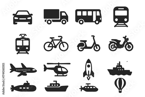 Icon set of various transportation modes including car, bike, and airplane