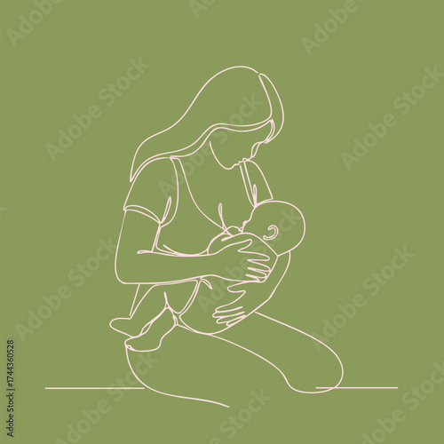 Minimalist line drawing of a woman breastfeeding a baby on a soft green emphasizing maternal care and nurturing bonds