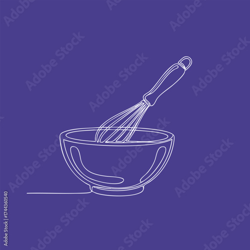Minimalist line art of a whisk and mixing bowl on a solid emphasizing culinary tools