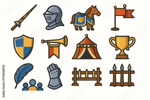 Medieval icons: knight helmet, shield, tournament tent, trophy, horse, lance, flag, armor