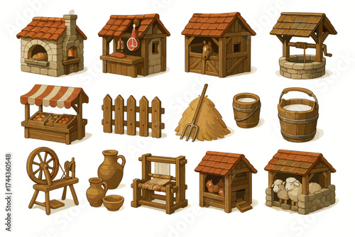 Collection of medieval village objects including oven, well, and market stall