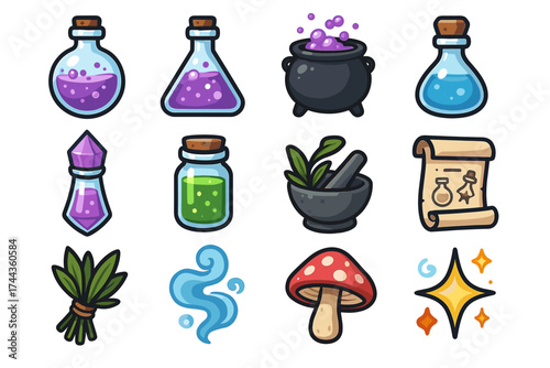 Colorful magic potion collection with cauldron, ingredients, and scroll