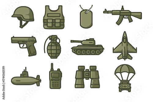 Military equipment icons: helmet, vest, dog tag, rifle, pistol, grenade, tank, jet, submarine