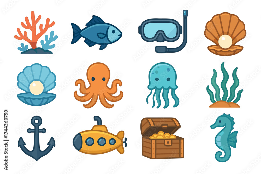 Fototapeta premium Colorful marine life icons: fish, coral, shells, octopus, submarine, seahorse, anchor, seaweed