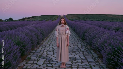Girl in floral scarf standing on cobblestone path surrounded by lavender fields under pink twilight sky