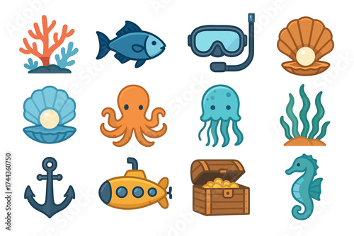 Colorful marine life icons: fish, coral, shells, octopus, submarine, seahorse, anchor, seaweed