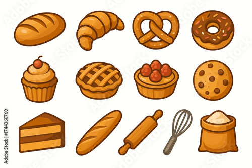 Variety of baked goods including bread, croissant, pretzel, and cookie
