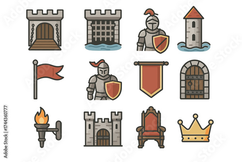 Medieval icons collection featuring knights, castles, flags, and crowns