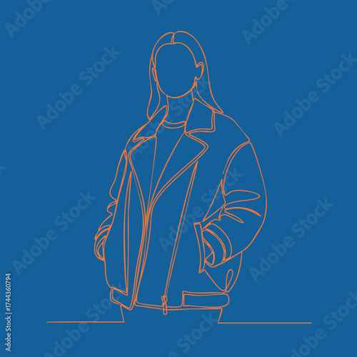 Stylish young woman wearing a casual bomber jacket with hands in pockets standing confidently against a solid