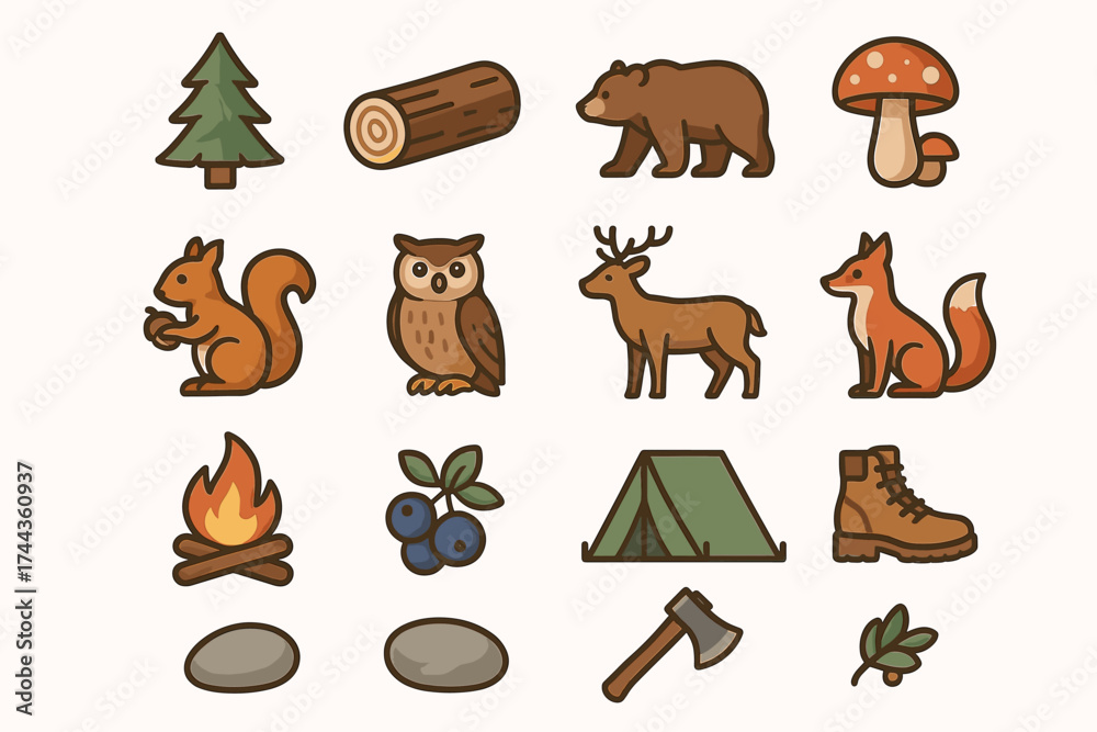 Fototapeta premium Forest animals and camping icons: bear, squirrel, deer, owl, fox, tent, fire