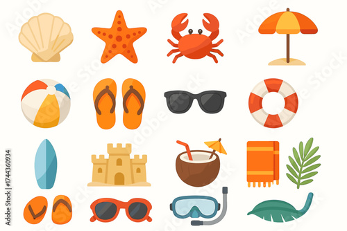 Colorful beach icons: shell, starfish, crab, umbrella, ball, sandcastle, surfboard, sunglasses, lifebuoy