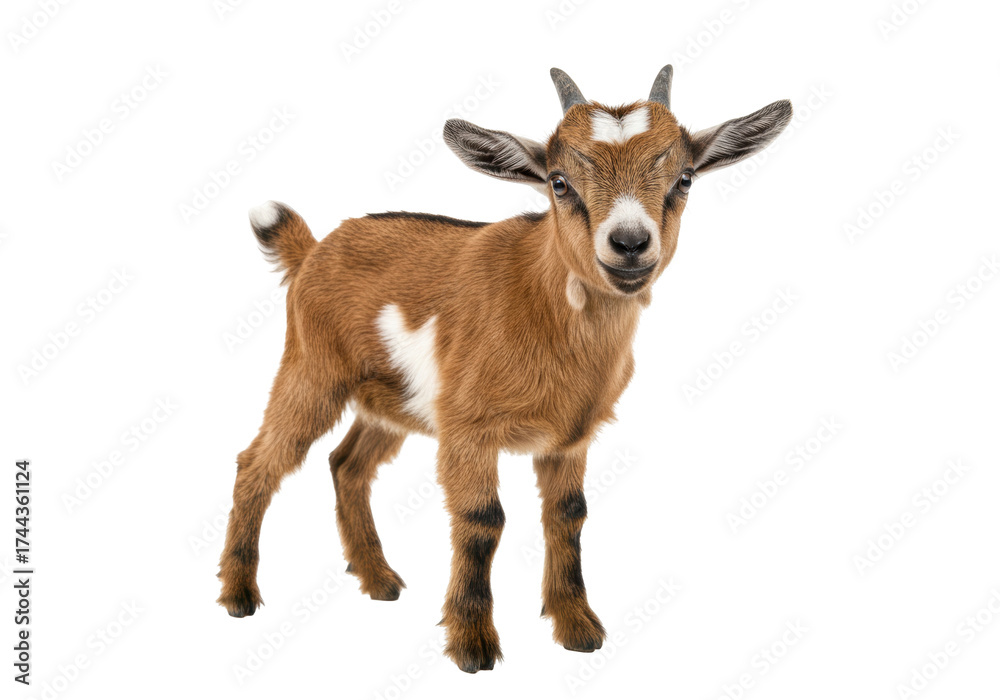 Fototapeta premium Cute brown baby goat isolated on transparent background, adorable farm animal kid in full length portrait for livestock and pet concepts