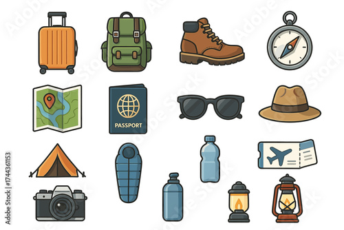 Travel and adventure icons: gear, maps, and tickets for explorers