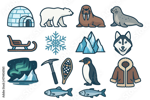 Arctic exploration icons: animals, gear, and scenery for cold weather adventures