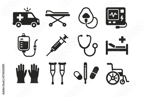 Medical equipment icons: ambulance, stretcher, stethoscope, syringe, crutches, wheelchair