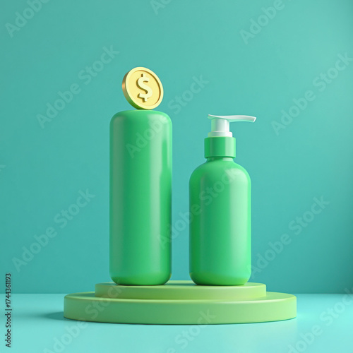 Green tube composition on blue background with the coin. 3d render vintage video game background 3d illustration. Arcade game style background. Podium for product showcase