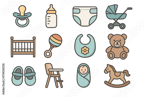 Essential baby items collection: pacifier, bottle, diaper, stroller, crib, rattle, bib, teddy bear