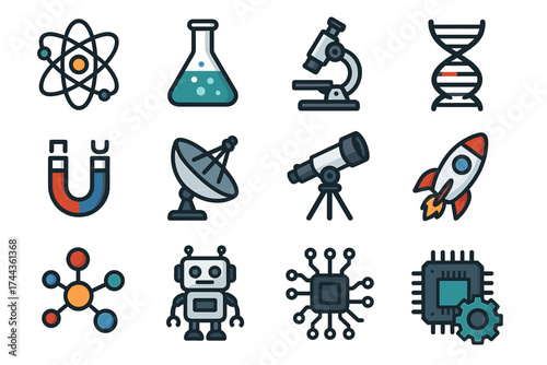 Illustrated science and technology icons featuring robots, telescopes, and atomic structures