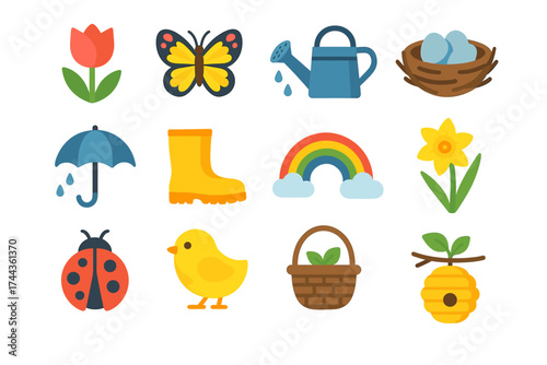 Spring symbols collection: flowers, animals, and gardening icons