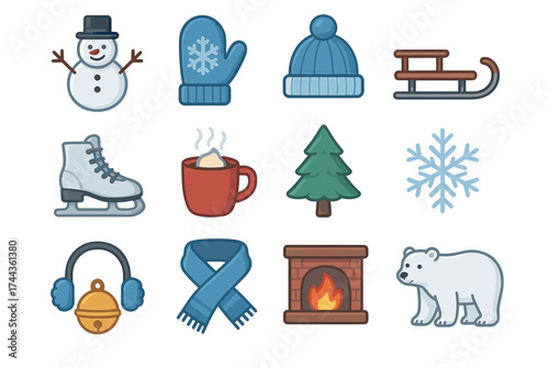 Winter icons: snowman, mittens, hat, sled, ice skates, hot cocoa, tree, snowflake, headphones, scarf, fireplace, polar bear