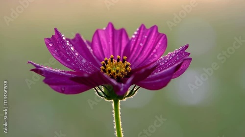 Dew-covered magenta cosmos flower glowing in gentle sunrise light against soft blurred background