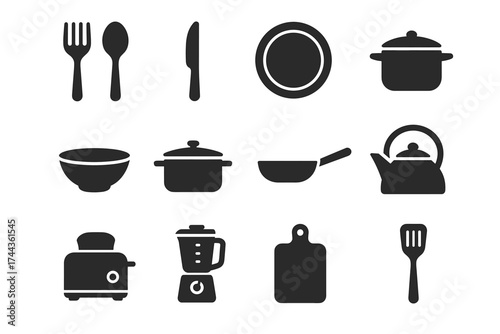 Kitchen utensils and appliances silhouette set: cutlery, cookware, and gadgets