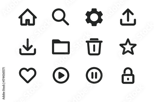 Collection of common user interface icons including home, search, and settings