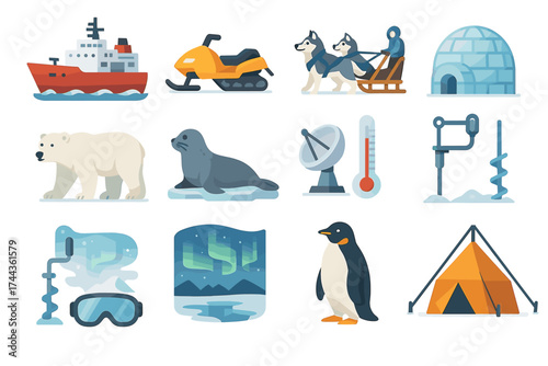Arctic expedition icons: icebreaker, sled dogs, polar wildlife, igloo, northern lights