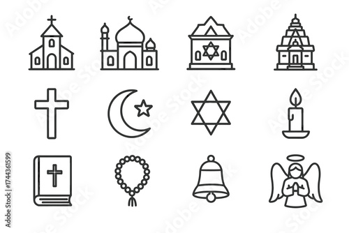 Religious symbols: church, mosque, synagogue, temple, cross, crescent, star, candle, bible, rosary, bell, angel
