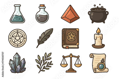 Alchemy and magic symbols: potions, crystals, spellbook, cauldron, scales, candle