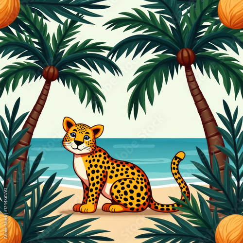 Tropical palm tree Asian leopard seamless pattern. Cute jungle damask ornament, jungle arched print, hand drawn wild animal under the coconut, Indian textile design wallpaper
