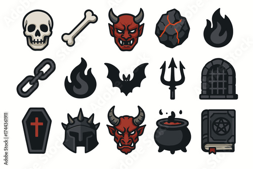 Dark fantasy icons: skulls, demons, fire, and gothic symbols