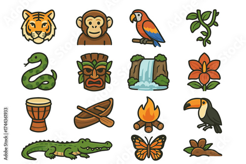 Collection of jungle-themed cartoon icons featuring animals and nature elements