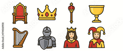 Medieval icons: royalty, knight, jester, harp, feast, scepter