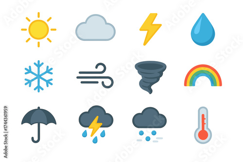 Collection of weather icons: sun, cloud, lightning, rain, snowflake, wind, tornado, rainbow, umbrella, thermometer