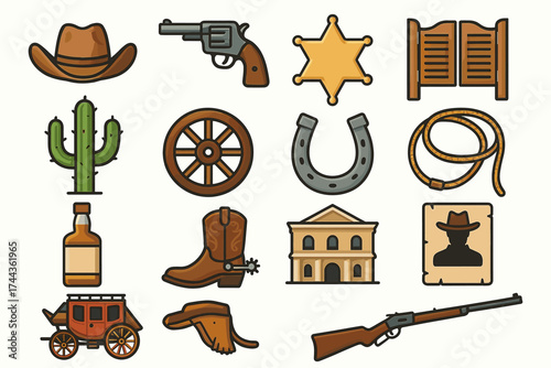Wild west icons: cowboy hat, revolver, badge, saloon doors, cactus, horseshoe, boots, sheriff poster