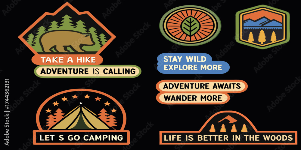 Obraz premium Collection of vintage style outdoor adventure patches and stickers with inspiring nature quotes