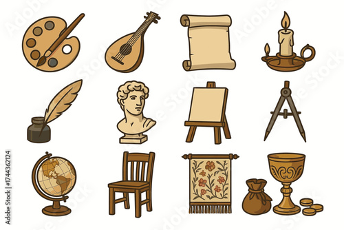 Collection of vintage art tools and historical artifacts in classical style