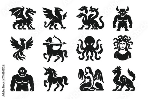 Mythical creatures icons: dragon, hydra, medusa, phoenix, centaur, cyclops, unicorn, siren