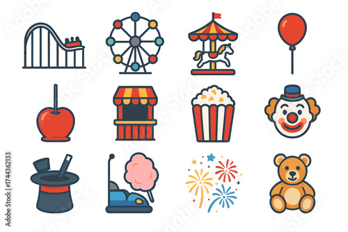 Colorful amusement park icons: roller coaster, ferris wheel, carousel, clown, fireworks
