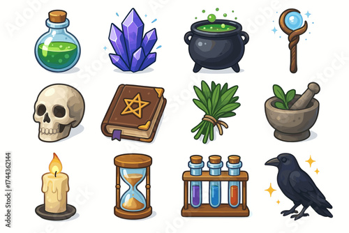 Alchemy and wizardry icons: potions, crystal, cauldron, skull, spellbook, ingredients, and magic elements