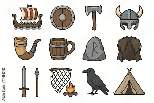 Viking symbols collection: ship, helmet, weapon, shield, tent, crow, runes