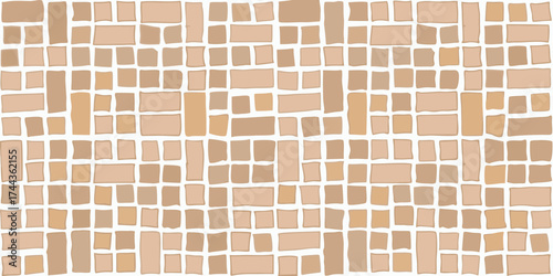 Abstract pattern of irregular tan and beige rectangles and squares on a white background
