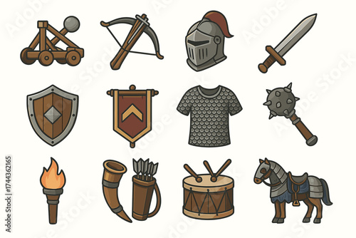 Medieval weaponry and armor icons: catapult, crossbow, helmet, sword, shield, banner