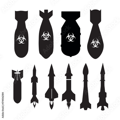 missiles and bombs silhouette with biohazard symbols