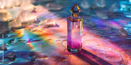 Elegant perfume bottle with vibrant rainbow reflections on a shimmering surface