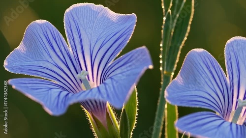 Blue flax wildflower glowing with morning dew under soft sunrise light in natural meadow