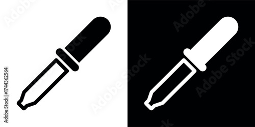 Pipette icon. A medical or eye dropper. A measuring vessel for dispensing medication drop by drop. A tool for measuring precise volumes of liquids in medicine, chemistry, or biology.