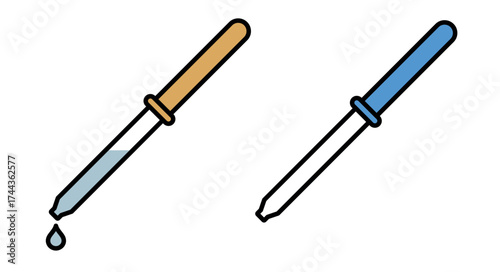 Pipette icon. A medical or eye dropper. A measuring vessel for dispensing medication drop by drop. A tool for measuring precise volumes of liquids in medicine, chemistry, or biology.