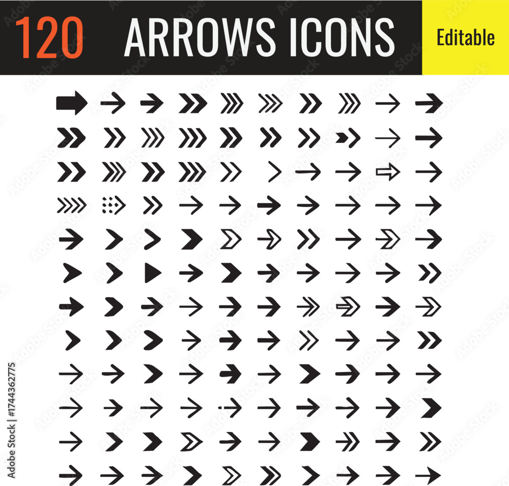 Naklejka premium Modern 120 Arrows Icon Bundle | Flat, Outline, and Minimal Arrow Symbols